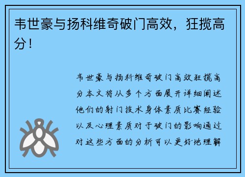 韦世豪与扬科维奇破门高效，狂揽高分！